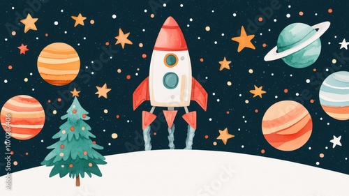 A whimsical illustration featuring a rocket launching into space amidst colorful planets and stars, complemented by a snowy landscape and a pine tree.