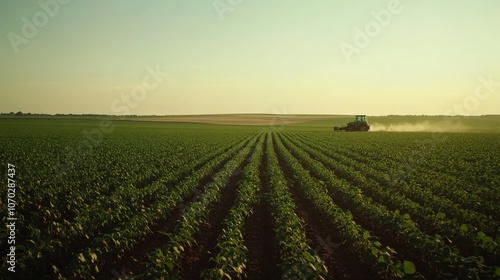 A field of soybeans stretching to the horizon, with the sky above bright and clear. The plants are lush and green, and the soil is dark and fertile.