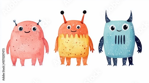 Three colorful, whimsical monsters with happy faces, featuring unique designs and playful elements, perfect for children's illustrations or decorations. photo