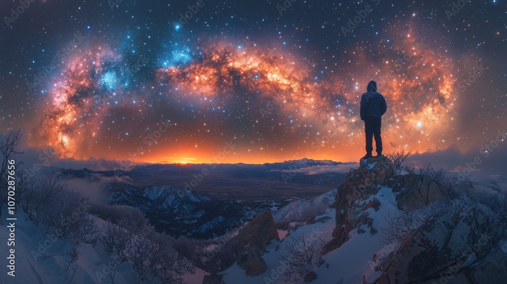 Fototapeta premium A lone figure stands on a snowy peak, mesmerized by the stunning celestial display of stars and a vibrant sunset.