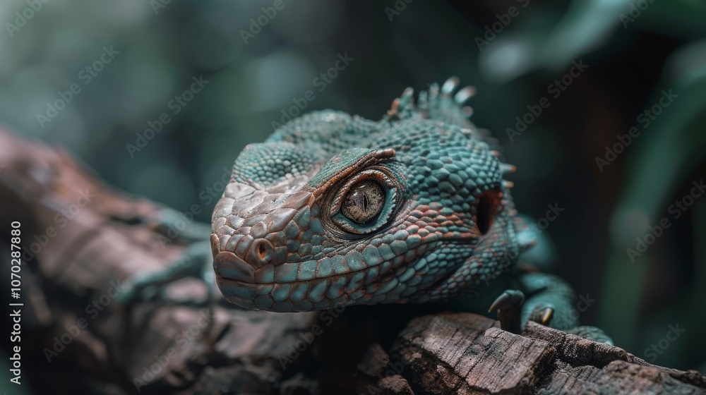 Fototapeta premium A vibrant green lizard perches on a branch, blending in with its verdant jungle habitat, eyes keenly observing.