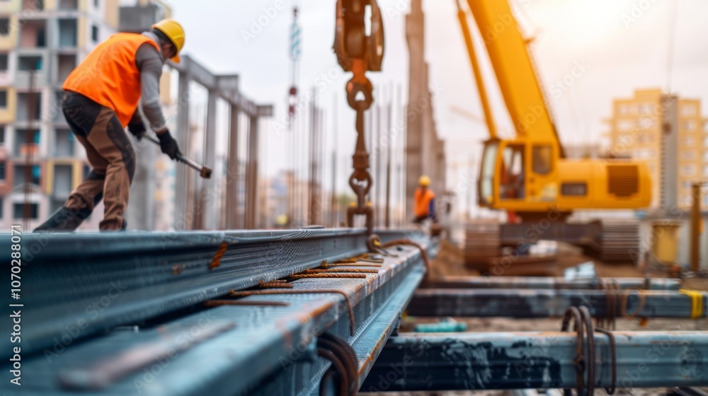 A dynamic construction site, builders in motion, focuses on cranes and steel beams under the setting sun. A dynamic construction site, builders in motion, focuses on cranes and steel beams under the setting sun.