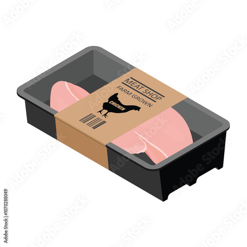 Fresh meat. Container with raw chicken breasts fillet isolated on white background. Vector illustration