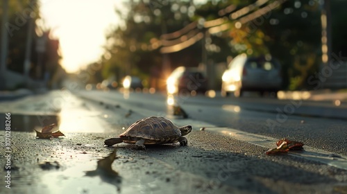 A turtle tentatively crosses a sunlit road, dodging fallen leaves and casting reflections in a light rain puddle, symbolizing resilience amidst challenges. photo