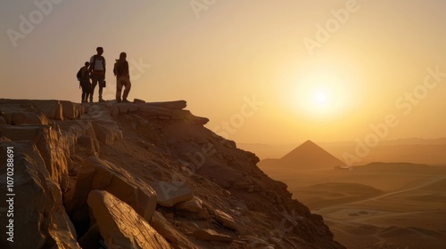 Silhouetted hikers overlook a vast desert landscape with pyramids at sunset, capturing adventure and awe.