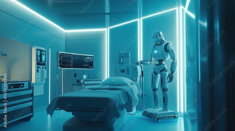 A future healthcare facility where doctors use advanced robotics for surgery and real-time health data to make precise medical decisions. A future healthcare facility where doctors use advanced robotics for surgery and real-time health data to make precise medical decisions.