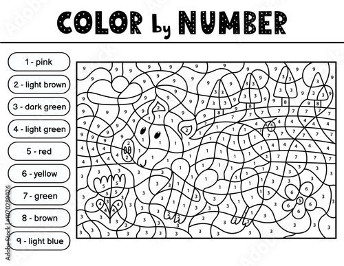 Color by number black and white activity page for kids with a cute pig. Farm animal scene puzzle game in outline for school and preschool. Vector illustration