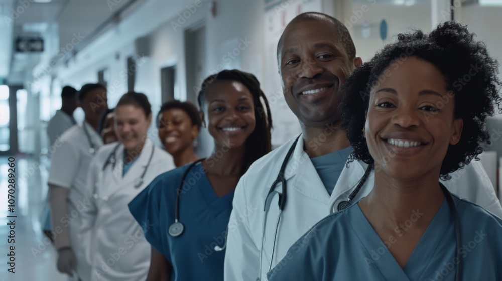 A diverse group of medical staff stands smiling in a hospital corridor, showing camaraderie and trust in their important teamwork. A diverse group of medical staff stands smiling in a hospital corridor, showing camaraderie and trust in their important teamwork.