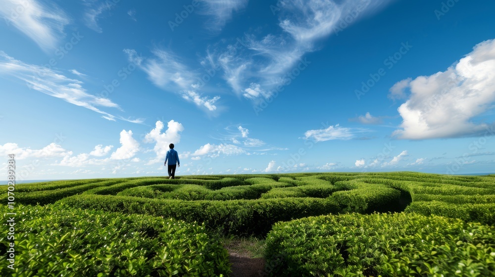 A single figure stands amidst lush green labyrinthine hedges under a vast, azure sky, evoking thoughts of exploration and tranquility. A single figure stands amidst lush green labyrinthine hedges under a vast, azure sky, evoking thoughts of exploration and tranquility.