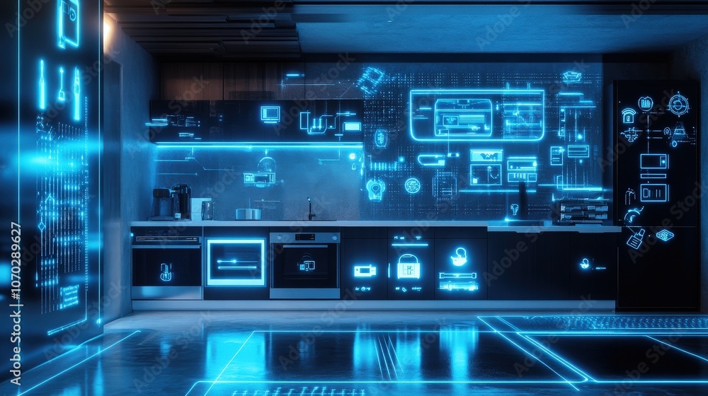 Fototapeta premium A futuristic, fully automated home with smart appliances, digital assistants, and AI-controlled systems.