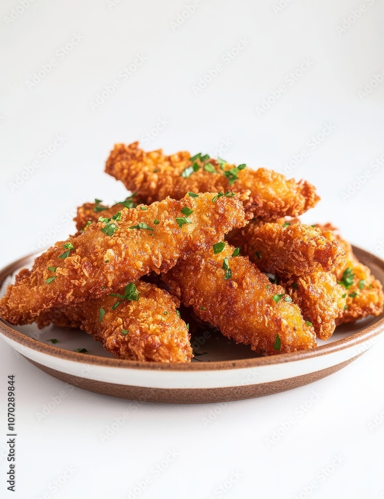A plate of fried chicken with parsley on top. The chicken is golden brown and crispy A plate of fried chicken with parsley on top. The chicken is golden brown and crispy