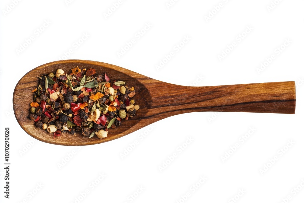 A wooden spoon is filled with a variety of spices. The spoon is placed on a white background A wooden spoon is filled with a variety of spices. The spoon is placed on a white background