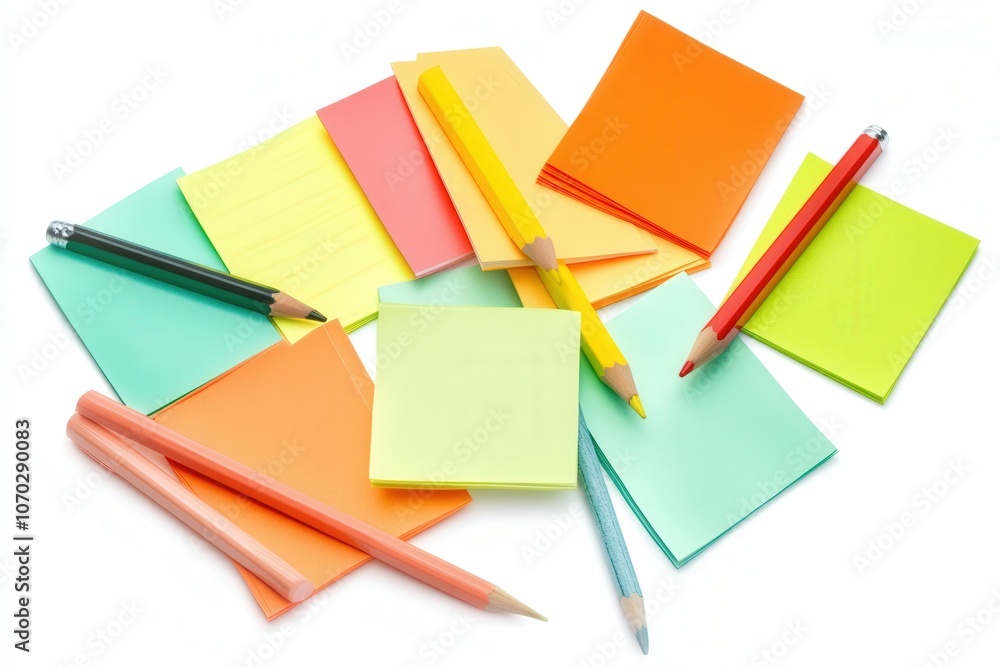 A striking top view of an array of colorful wooden pencils and stickers. A striking top view of an array of colorful wooden pencils and stickers.