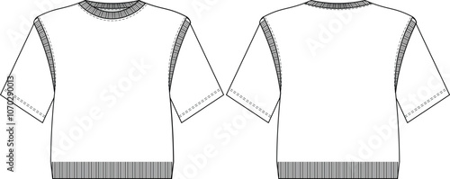ribbed round neck crew neck short sleeve ribbed hem ribbed binding blouse top sweater template technical drawing flat sketch cad mockup fashion woman design style model 
