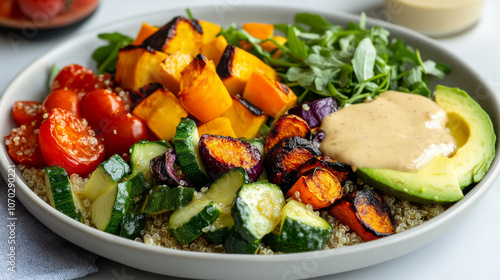 A plate of quinoa salad with roasted vegetables, avocado, and a drizzle of tahini dressing, served on a clean white table.