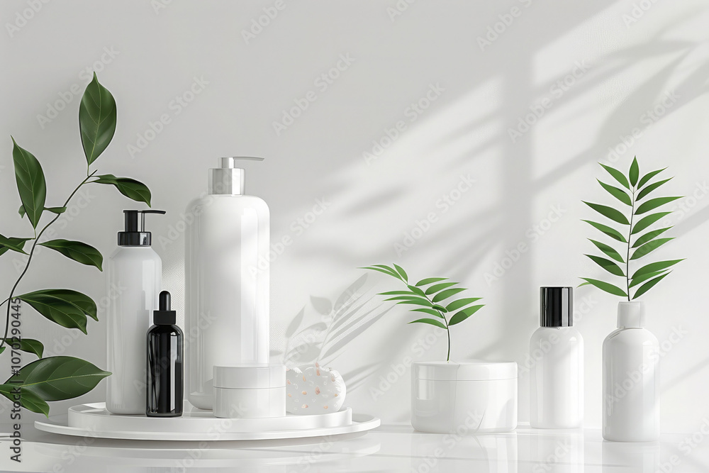 A white tray with a variety of white bottles and a leafy green plant A white tray with a variety of white bottles and a leafy green plant