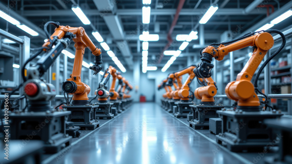 High-tech factory with multiple advanced robots on assembly line. High-tech factory with multiple advanced robots on assembly line.
