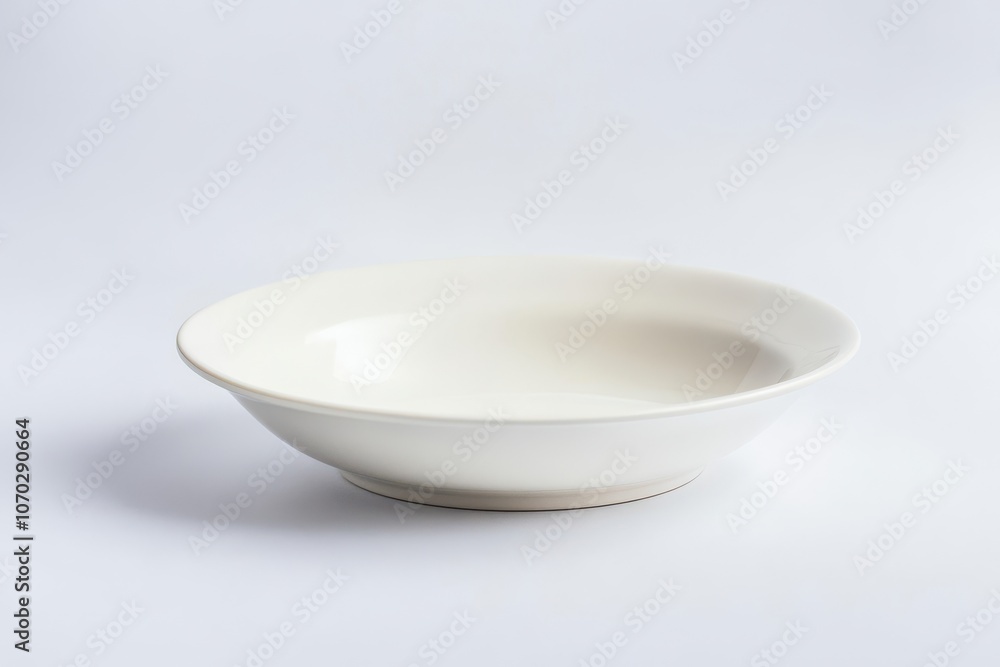 A white bowl with a white rim sits on a white background. The bowl is empty and has a clean, minimalist appearance. Empty space for logo or text, mockup A white bowl with a white rim sits on a white background. The bowl is empty and has a clean, minimalist appearance. Empty space for logo or text, mockup