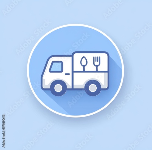 A white truck with a blue circle on it that says "Food Truck". The truck is carrying food and utensils