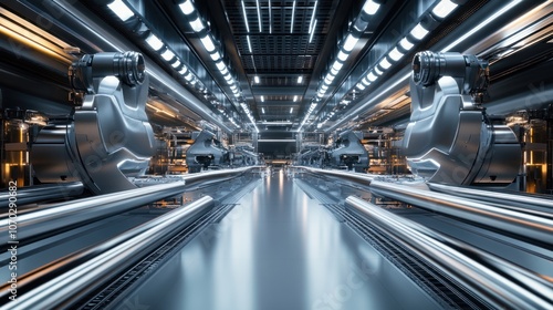 Panoramic view of an advanced stainless steel manufacturing line, with robotic machinery above crafting components photo