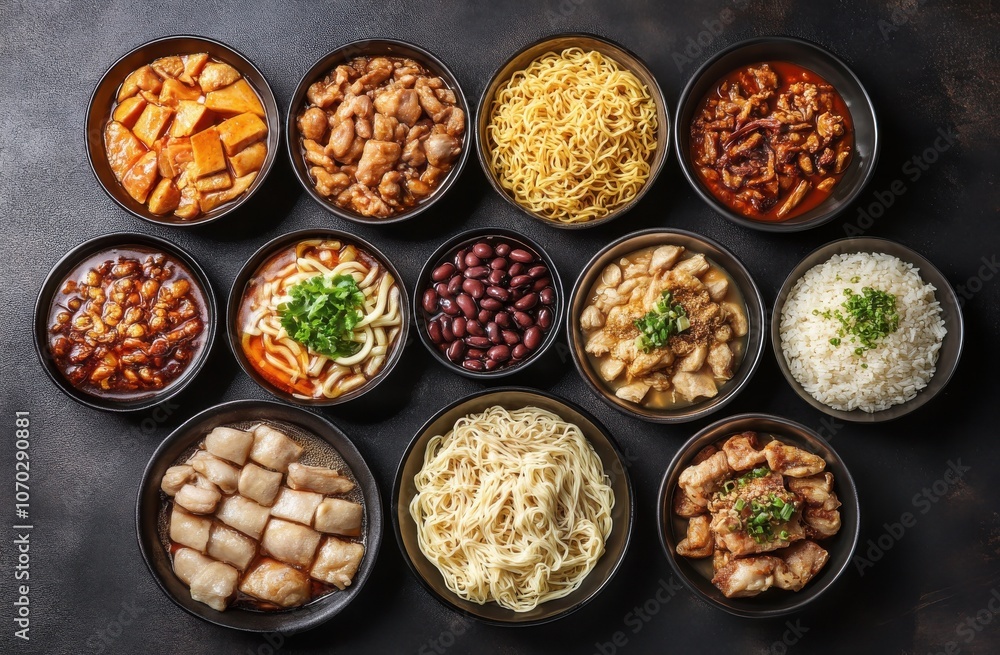A table full of food with many different dishes, including noodles, rice, and meat. The table is set for a large group of people to share a meal together A table full of food with many different dishes, including noodles, rice, and meat. The table is set for a large group of people to share a meal together