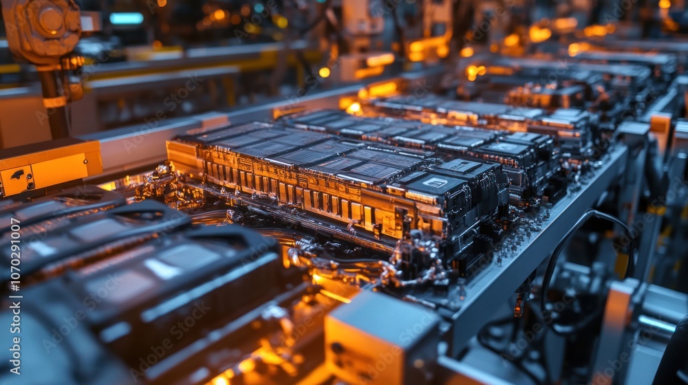 Panoramic view of an industrial car battery production line, where conveyor belts and machinery in the top section operate continuously Panoramic view of an industrial car battery production line, where conveyor belts and machinery in the top section operate continuously