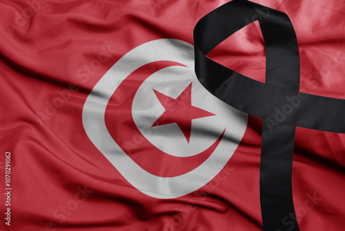 waving national flag of tunisia with black mourning ribbon .tragedy concept photo