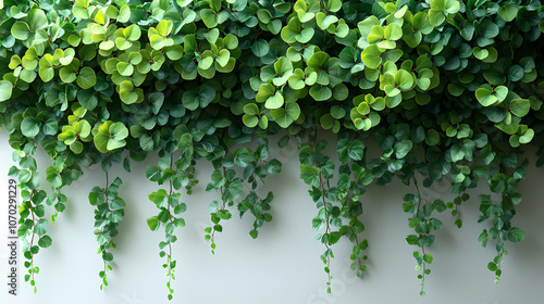 Beautiful vines, with leaves, in clear sharp detail, dripping leaves, calming effect, green background, line of flowers