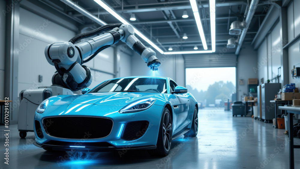 Fototapeta premium High-tech factory with a blue sports car being worked on by a robot arm.