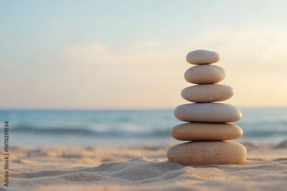 Stack of smooth stones balanced on sandy beach at sunset Stack of smooth stones balanced on sandy beach at sunset