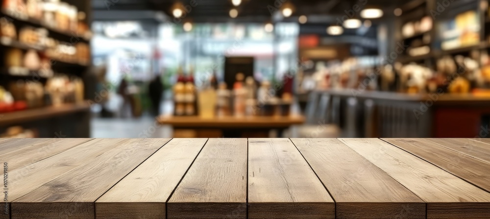 Empty wooden table top on blurred restaurant background, ideal for product display or montage. Empty wooden table top on blurred restaurant background, ideal for product display or montage.