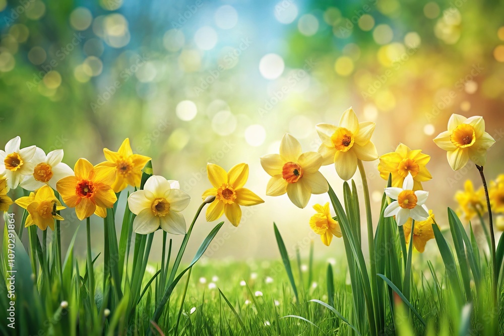 Abstract summer garden with blooming daffodils and green grass