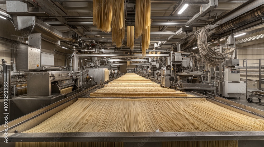 Panoramic view of a pasta manufacturing plant, with large machines at the top producing and drying noodles. In the middle, rows of packaged pasta bags are lined up Panoramic view of a pasta manufacturing plant, with large machines at the top producing and drying noodles. In the middle, rows of packaged pasta bags are lined up