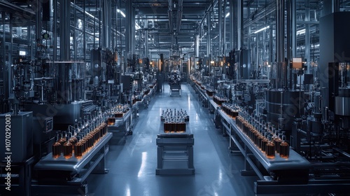 Panoramic view of a lubricant bottle production line, with machines working at the top and rows of translucent, smoky-gray bottles aligned in the center.