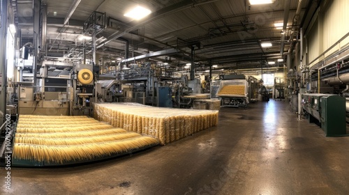 Panoramic view of a pasta manufacturing plant, with large machines at the top producing and drying noodles. In the middle, rows of packaged pasta bags are lined up