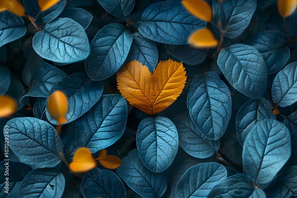 Heart-Shaped Autumn Leaf Amidst Blue Foliage - Nature's Contrast for Design and Decor Heart-Shaped Autumn Leaf Amidst Blue Foliage - Nature's Contrast for Design and Decor