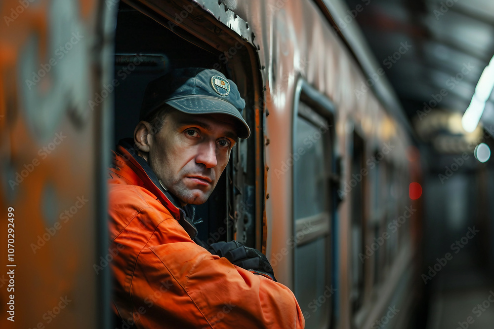 Generative AI image of a public transport machinist at work, focused on operating the vehicle Generative AI image of a public transport machinist at work, focused on operating the vehicle