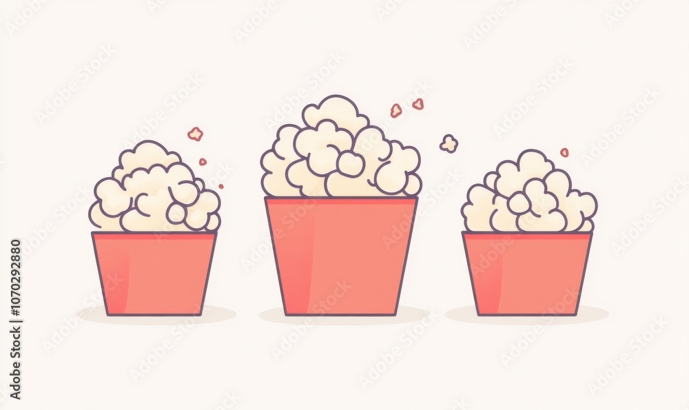 Three red containers filled with popcorn. The containers are arranged in a row, with the middle one being the tallest. Concept of fun and excitement