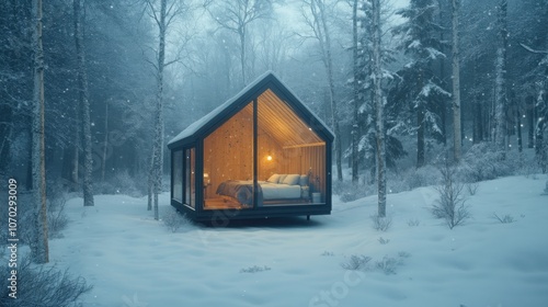 Snowy woodland scene with a minimalist hut featuring glass walls and a cozy bed inside.