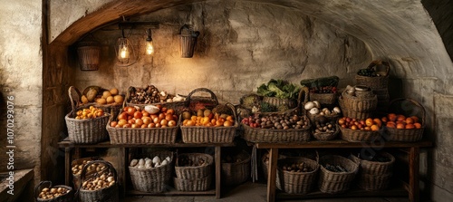 A large wooden table is filled with baskets of fruit and vegetables. The baskets are arranged in a way that makes it easy to see and access the produce. Scene is warm and inviting photo