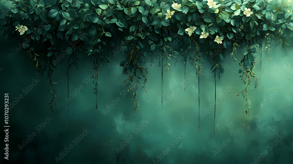 Fototapeta premium Beautiful vines, with leaves, in clear sharp detail, dripping leaves, calming effect, green background, line of flowers