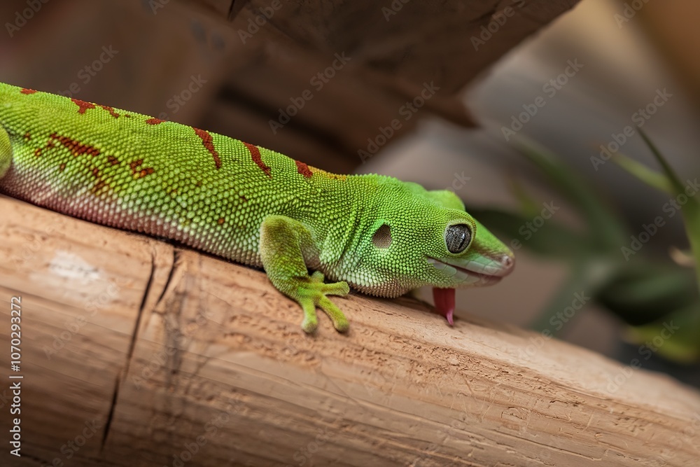 A vibrant green colored gecko with hints of red on its body, positioned on a wooden surface A vibrant green colored gecko with hints of red on its body, positioned on a wooden surface
