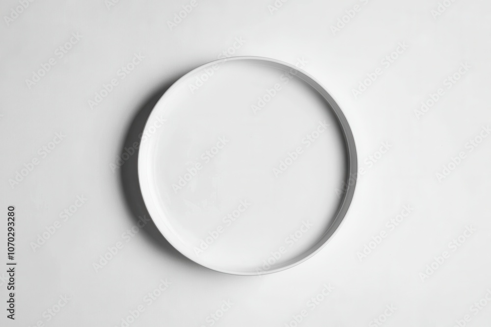 A white plate with a white rim sits on a white background. The plate is empty and the background is plain. Empty space for logo or text, mockup A white plate with a white rim sits on a white background. The plate is empty and the background is plain. Empty space for logo or text, mockup