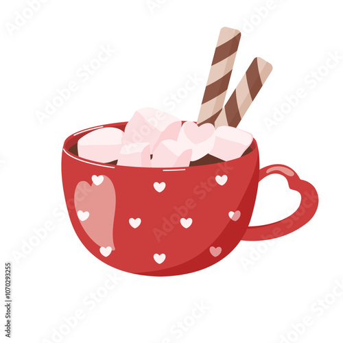 Cup of coffee with marshmallow Christmas beverage. Vector illustration Hot drink, cocoa, coffee, tea