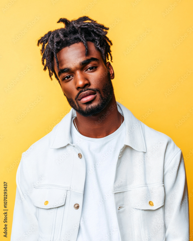 A stylish man in casual streetwear looking at the camera with confidence, standing against a pastel yellow background. A stylish man in casual streetwear looking at the camera with confidence, standing against a pastel yellow background.