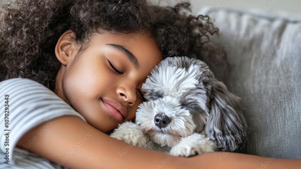Child and Dog Sleep Together on Comfortable Sofa Child and Dog Sleep Together on Comfortable Sofa