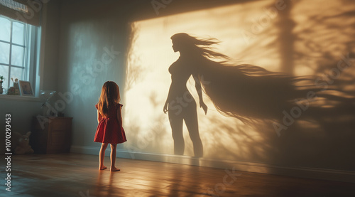 Little girl standing in a softly lit room casting a superhero shadow on the wall behind her, symbolizing strength, dreams, and hope. Captured from a low angle with a warm, empowering atmosphere.