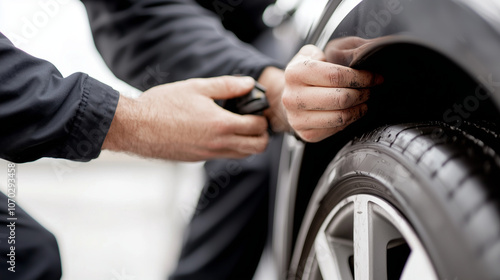 Mechanic Smiling While Removing Wheel from Car for Tire Replacement