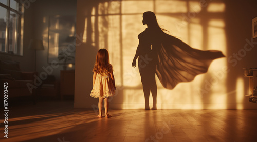 Little girl standing in a softly lit room casting a superhero shadow on the wall behind her, symbolizing strength, dreams, and hope. Captured from a low angle with a warm, empowering atmosphere. photo