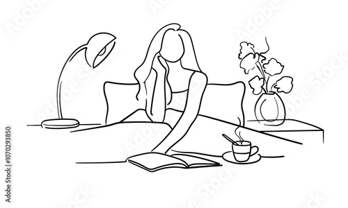 Happy morning in bed continuous line art drawing isolated on white background. Happy lady line art. Vector illustration